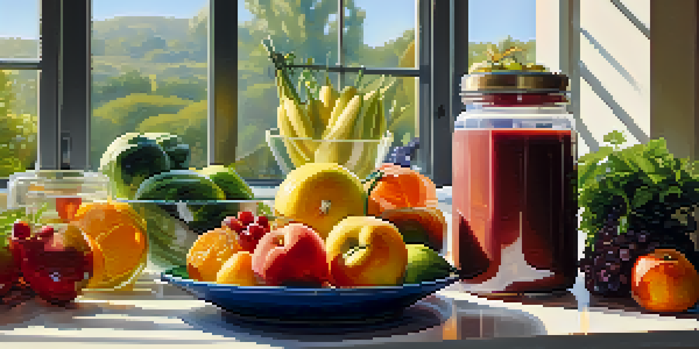 A kitchen countertop with colorful fruits and vegetables, a jar of protein powder, and a sunlit window in the background.