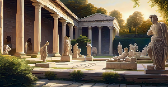 A picturesque view of an ancient Greek gymnasium with marble statues of athletes, surrounded by greenery at sunset.
