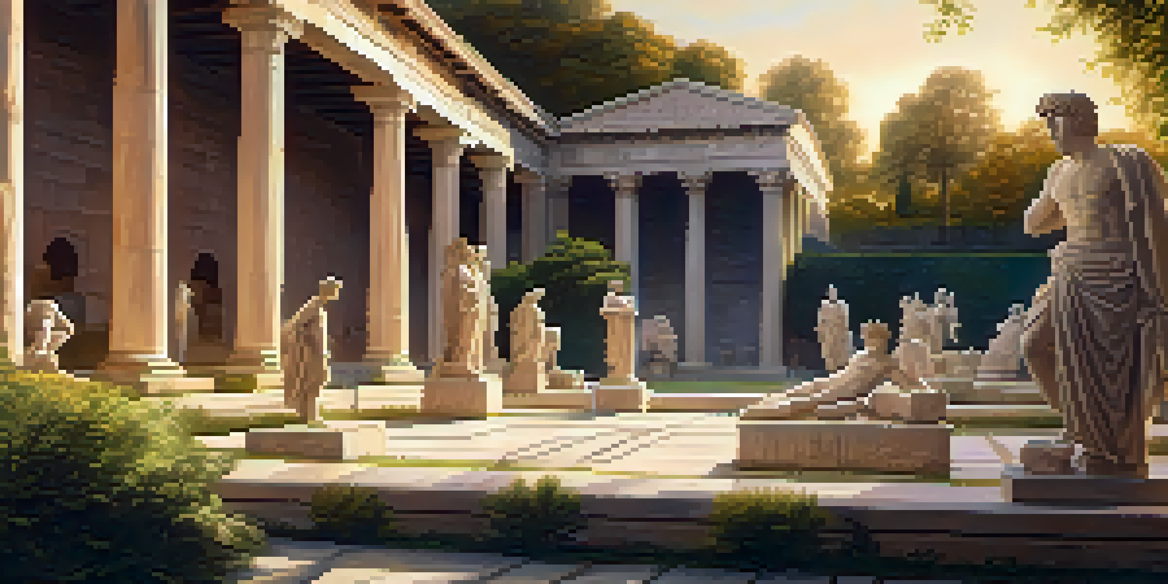 A picturesque view of an ancient Greek gymnasium with marble statues of athletes, surrounded by greenery at sunset.