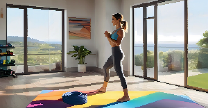 A home gym with adjustable resistance bands, weights, and a person exercising with a bicep curl, illuminated by natural light from a window.