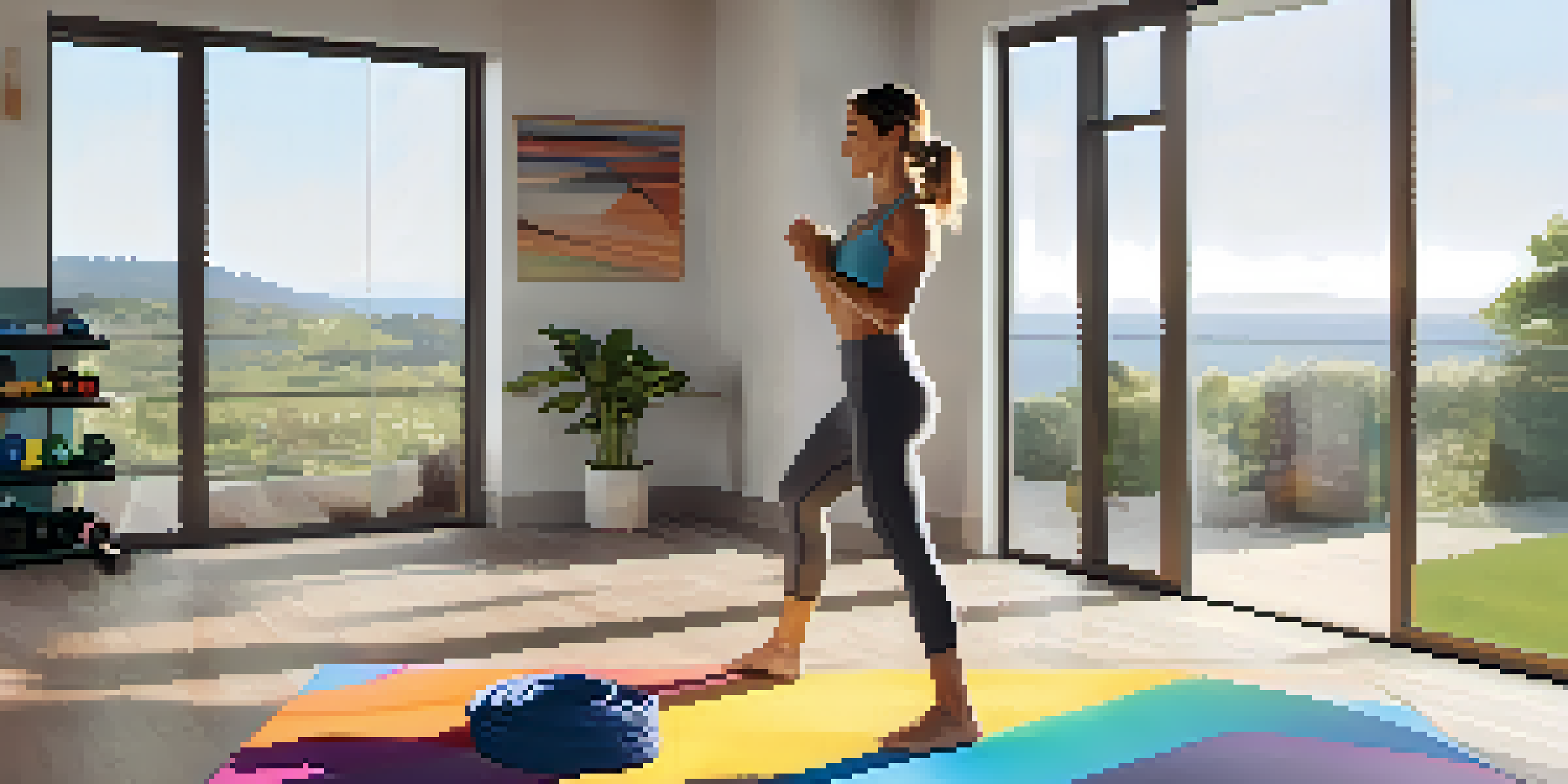 A home gym with adjustable resistance bands, weights, and a person exercising with a bicep curl, illuminated by natural light from a window.