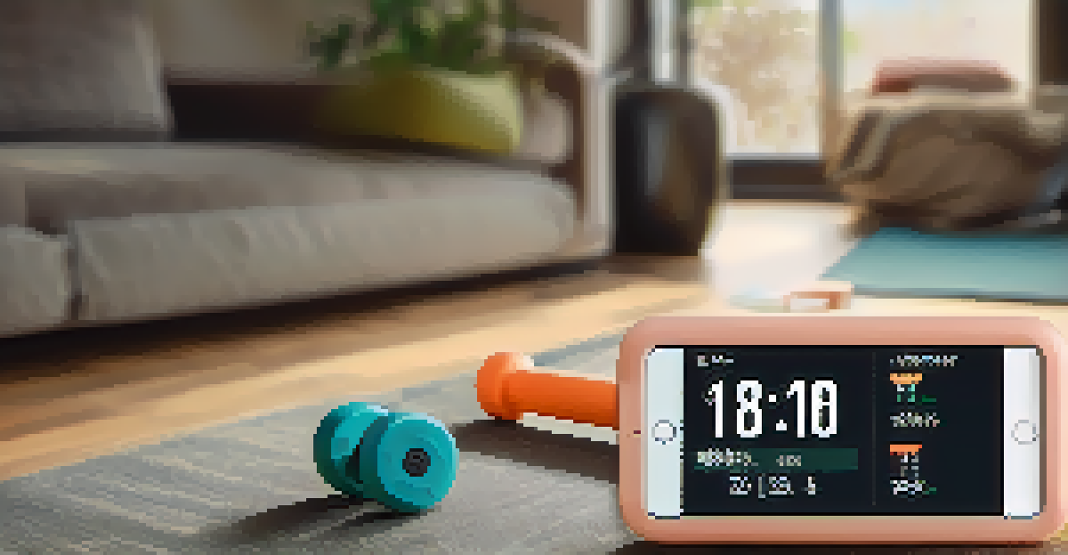 A close-up of a fitness tracker on a smartphone screen showing progress metrics, with fitness gear in a cozy living room in the background.