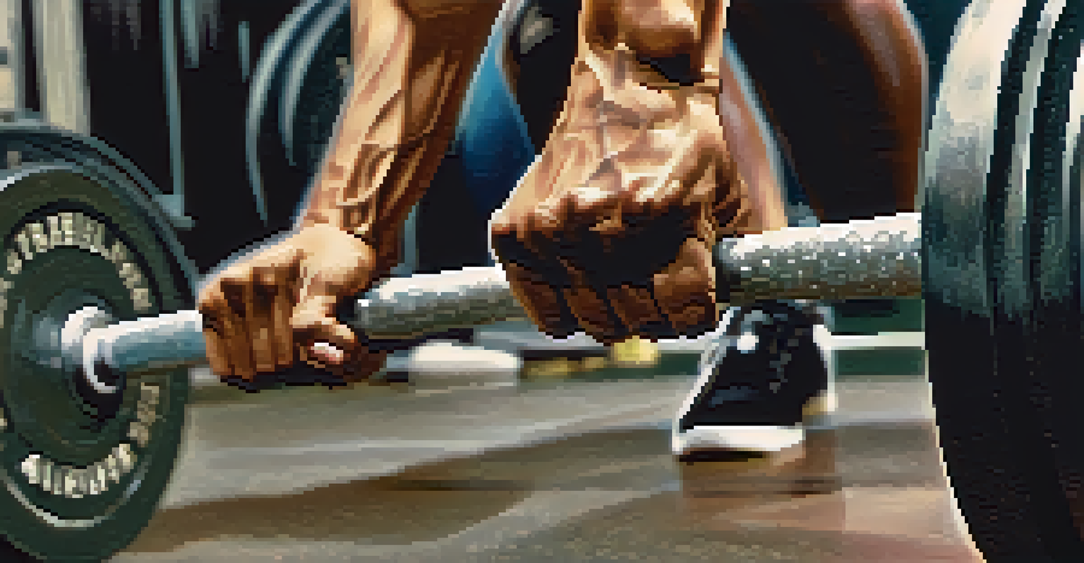 Close-up of hands gripping a barbell, with details of the barbell's texture and a blurred gym background.
