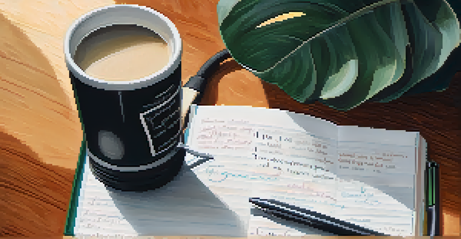 A close-up of a hand writing positive affirmations in a notebook, surrounded by gym essentials in a soft-lit environment.