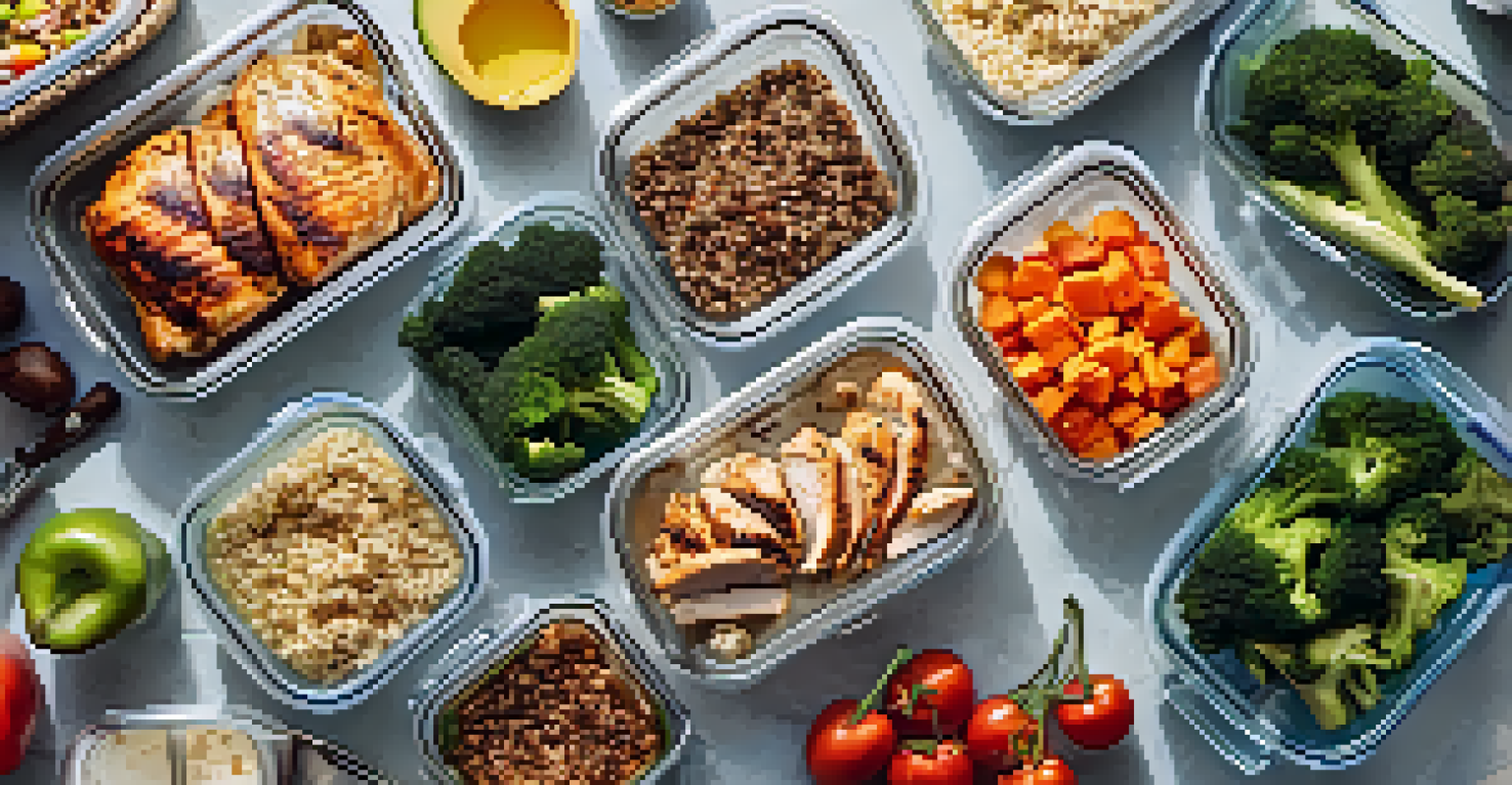 An overhead view of a meal prep setup with healthy foods for bodybuilders, including grilled chicken and vegetables, arranged in clear containers.