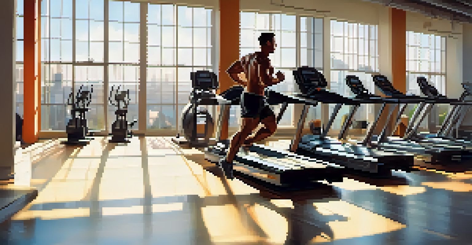 A bodybuilder doing cardio on a treadmill in a bright gym filled with sunlight and weights.