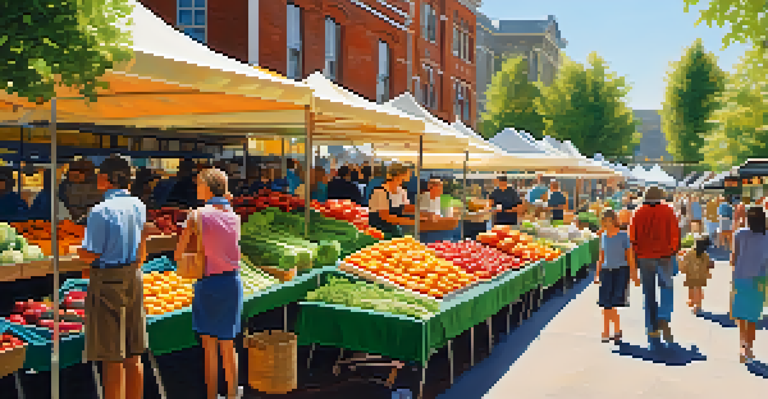 A bustling farmers' market filled with colorful seasonal fruits and vegetables, with shoppers and vendors in a sunny setting.