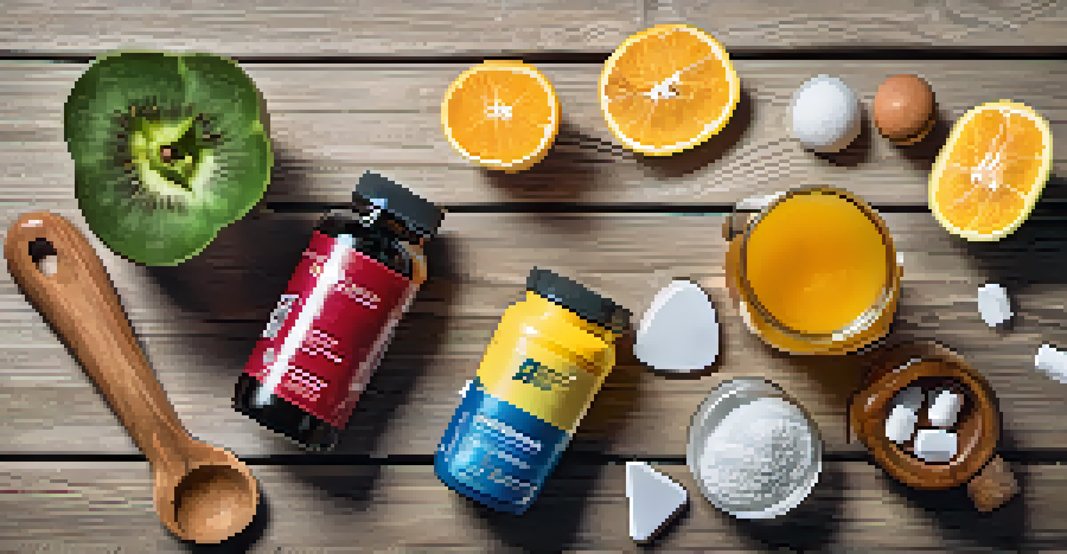 A top view of bodybuilding supplements and fresh fruits arranged on a wooden table, showcasing a healthy lifestyle.