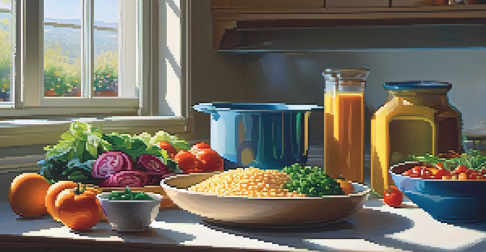 A bright kitchen with a healthy meal being prepared, showcasing fresh ingredients and sunlight filtering through the window.