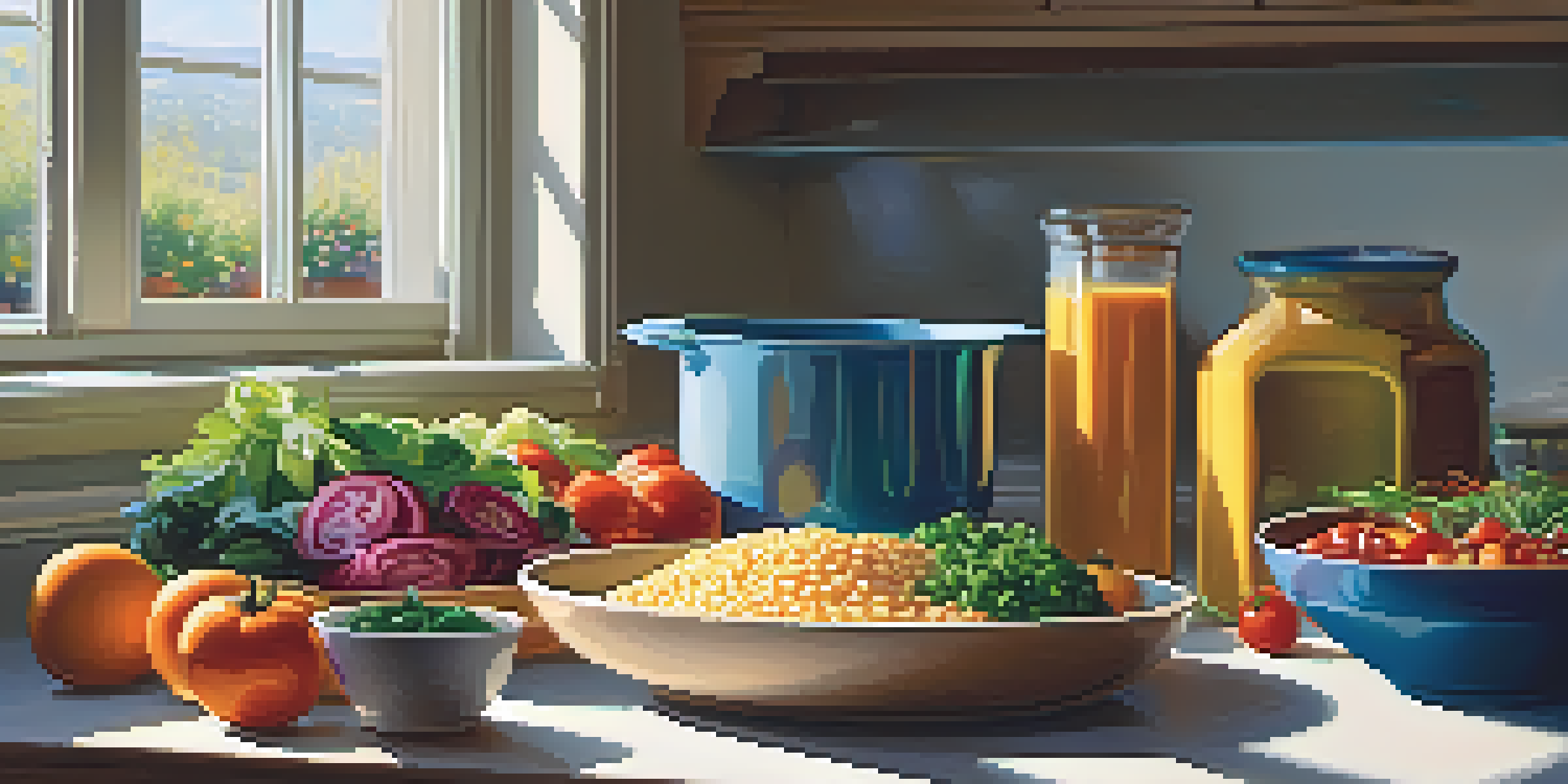 A bright kitchen with a healthy meal being prepared, showcasing fresh ingredients and sunlight filtering through the window.