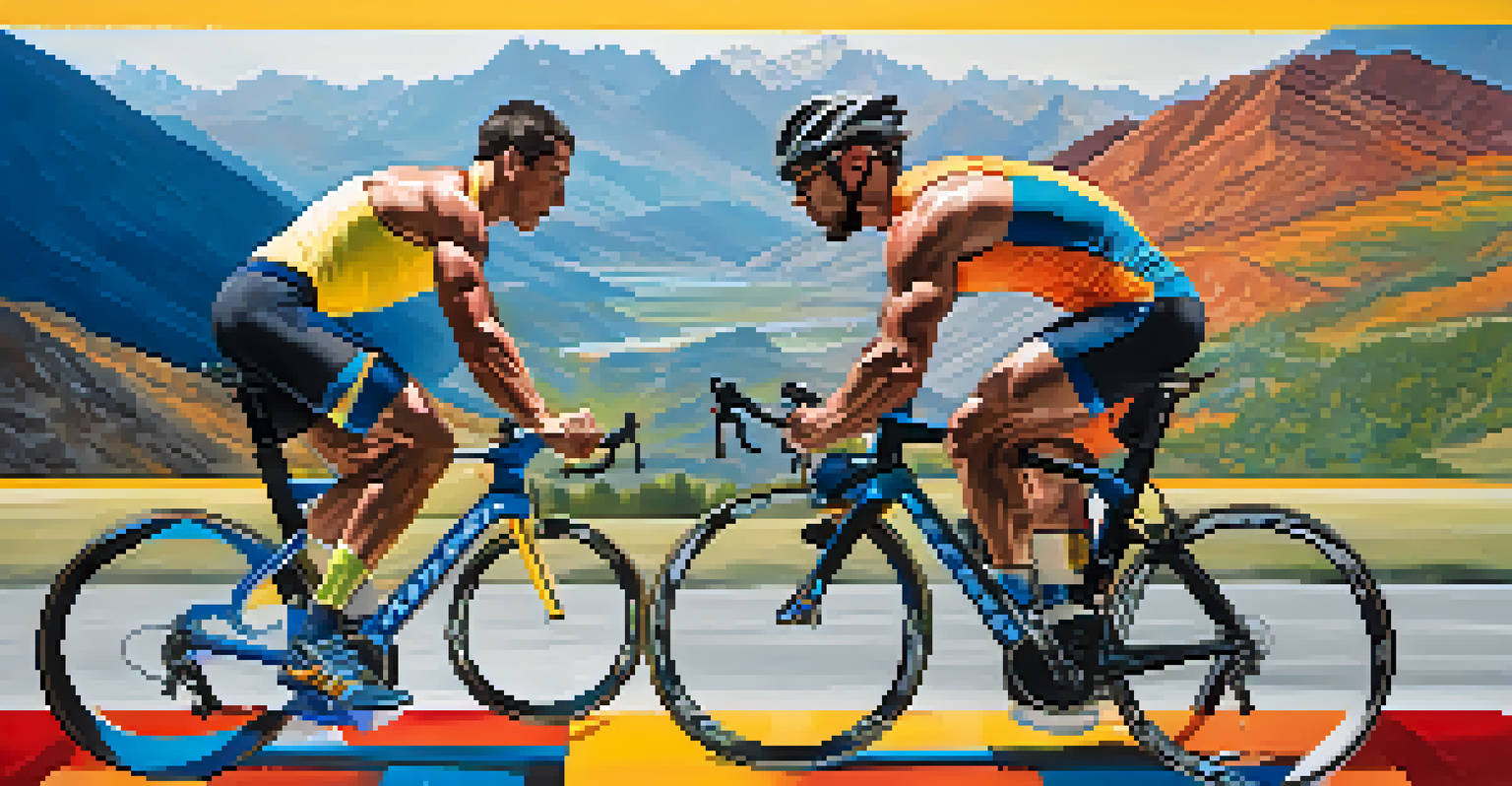 A split image showing a weightlifter in a gym and a cyclist on a road, showcasing the contrast between strength and endurance sports.
