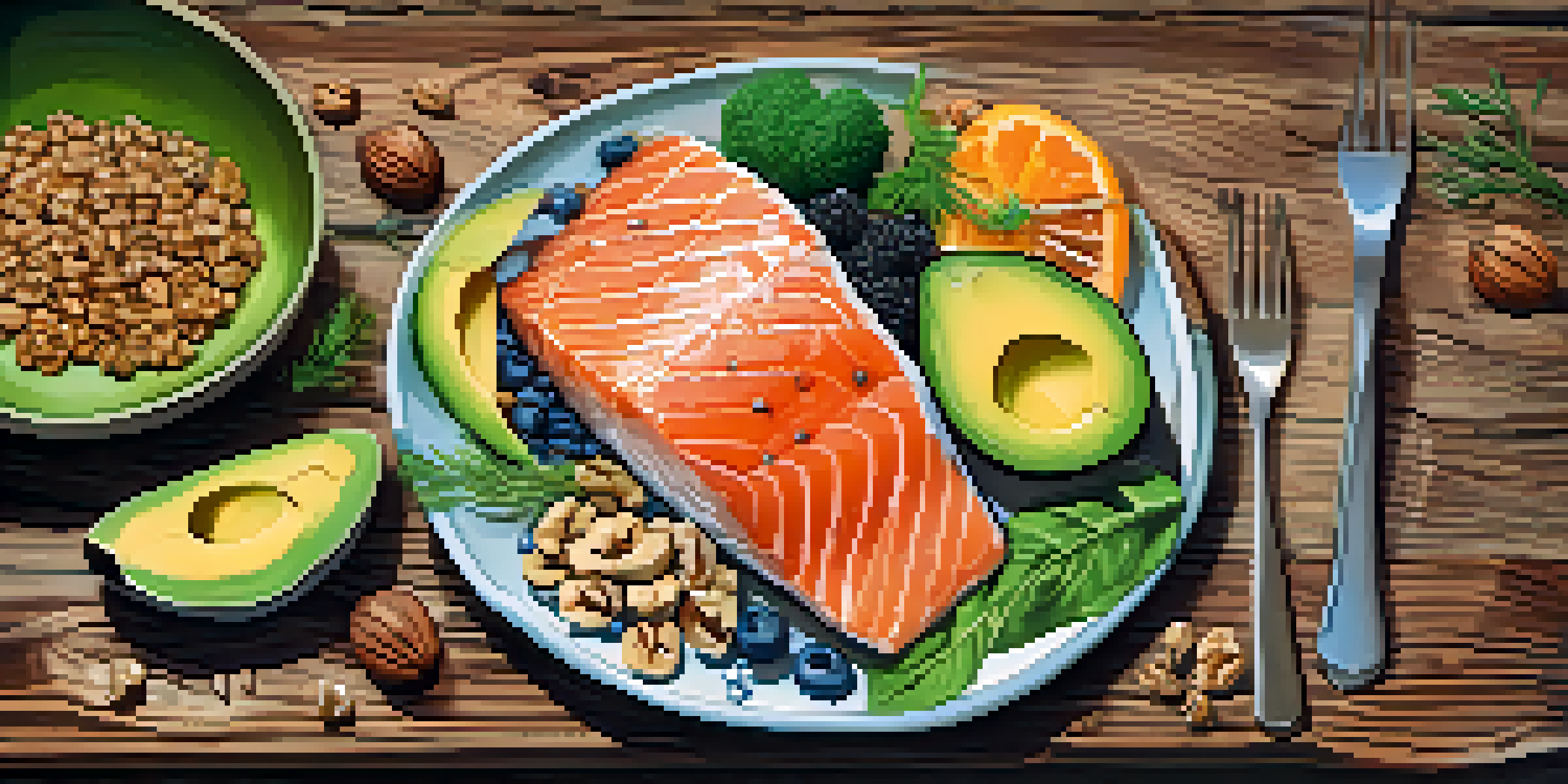 A plate filled with salmon, walnuts, avocado, and chia seeds arranged beautifully on a wooden table.