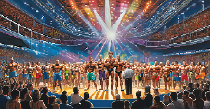A lively bodybuilding charity event with competitors posing on stage and a cheering audience holding colorful banners.