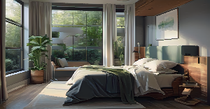 A peaceful bedroom with a cozy bed and warm lighting, designed for restful sleep.