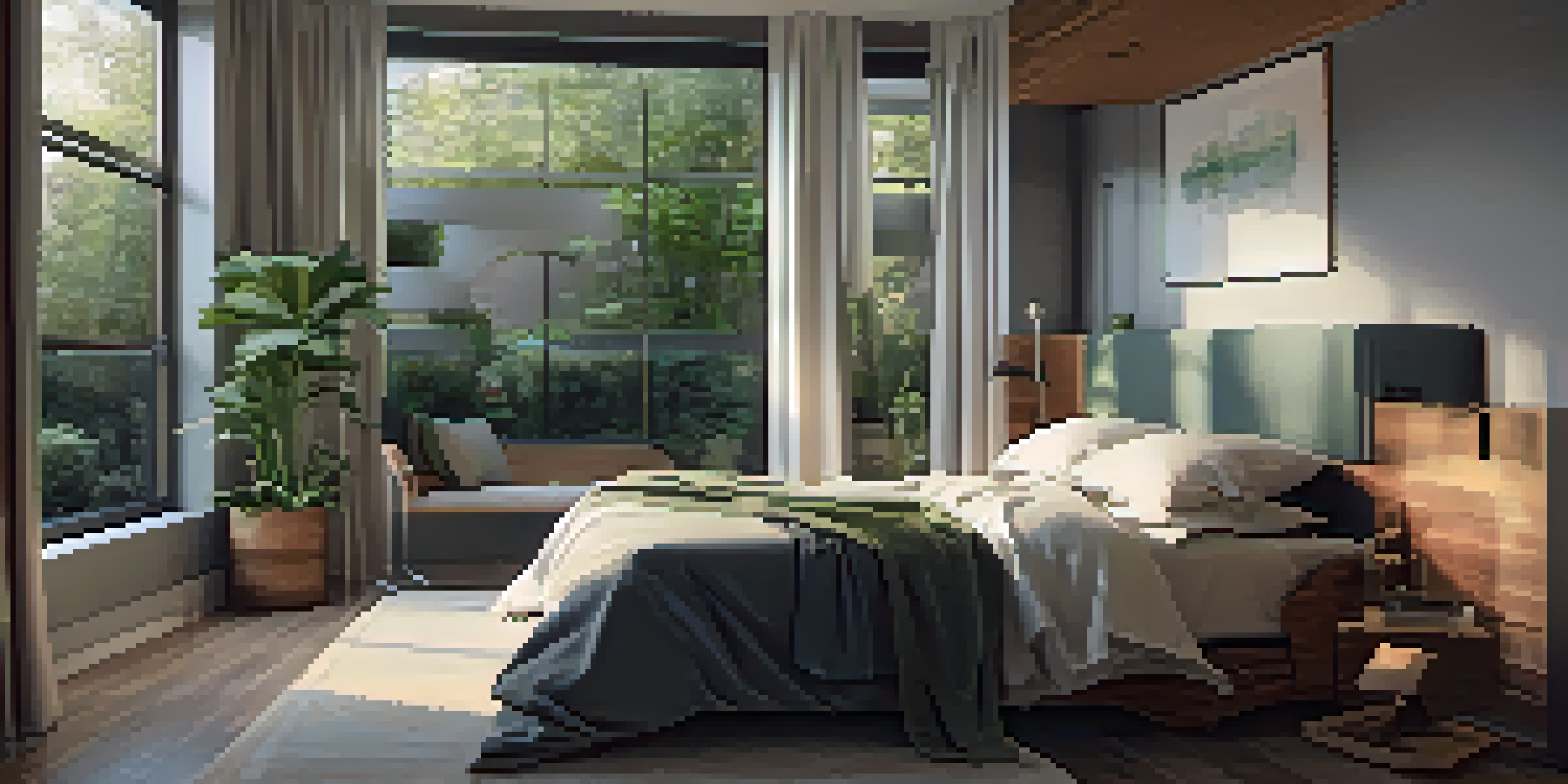 A peaceful bedroom with a cozy bed and warm lighting, designed for restful sleep.