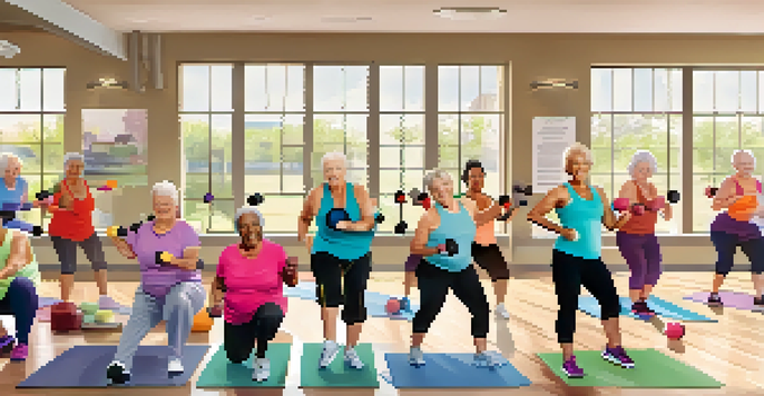 A group of seniors participating in a fitness class with resistance bands and dumbbells in a bright community center.