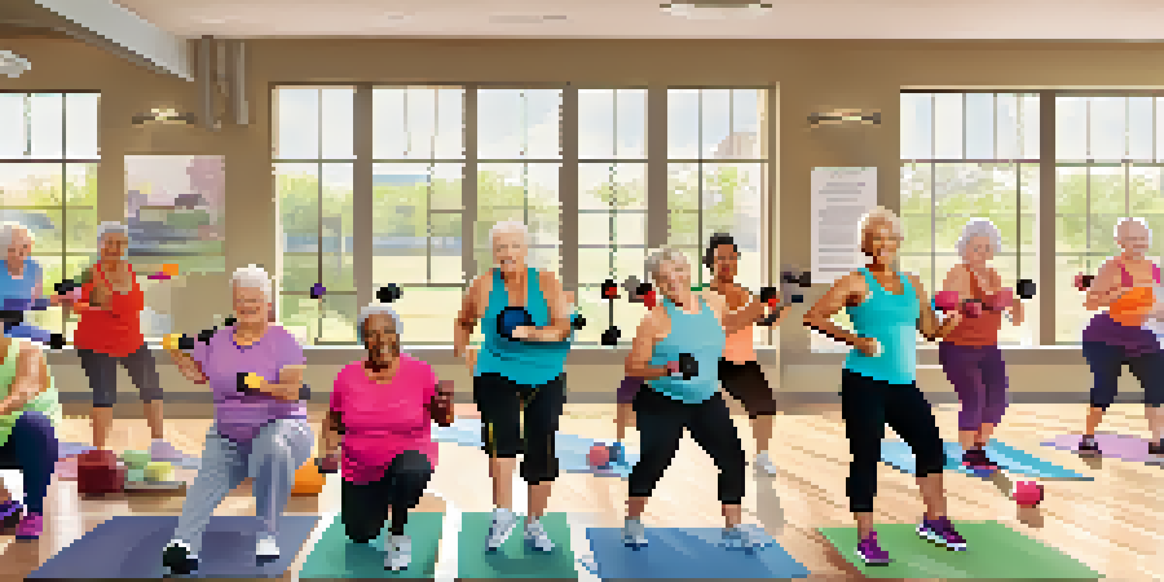 A group of seniors participating in a fitness class with resistance bands and dumbbells in a bright community center.
