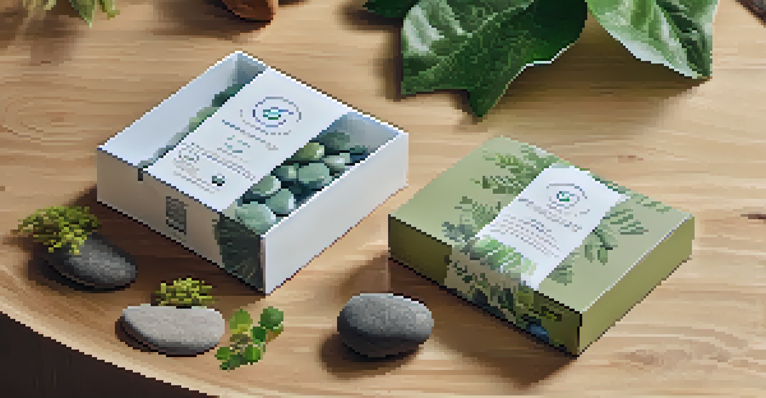 Eco-friendly supplement packaging displayed on a wooden table with natural elements like plants.