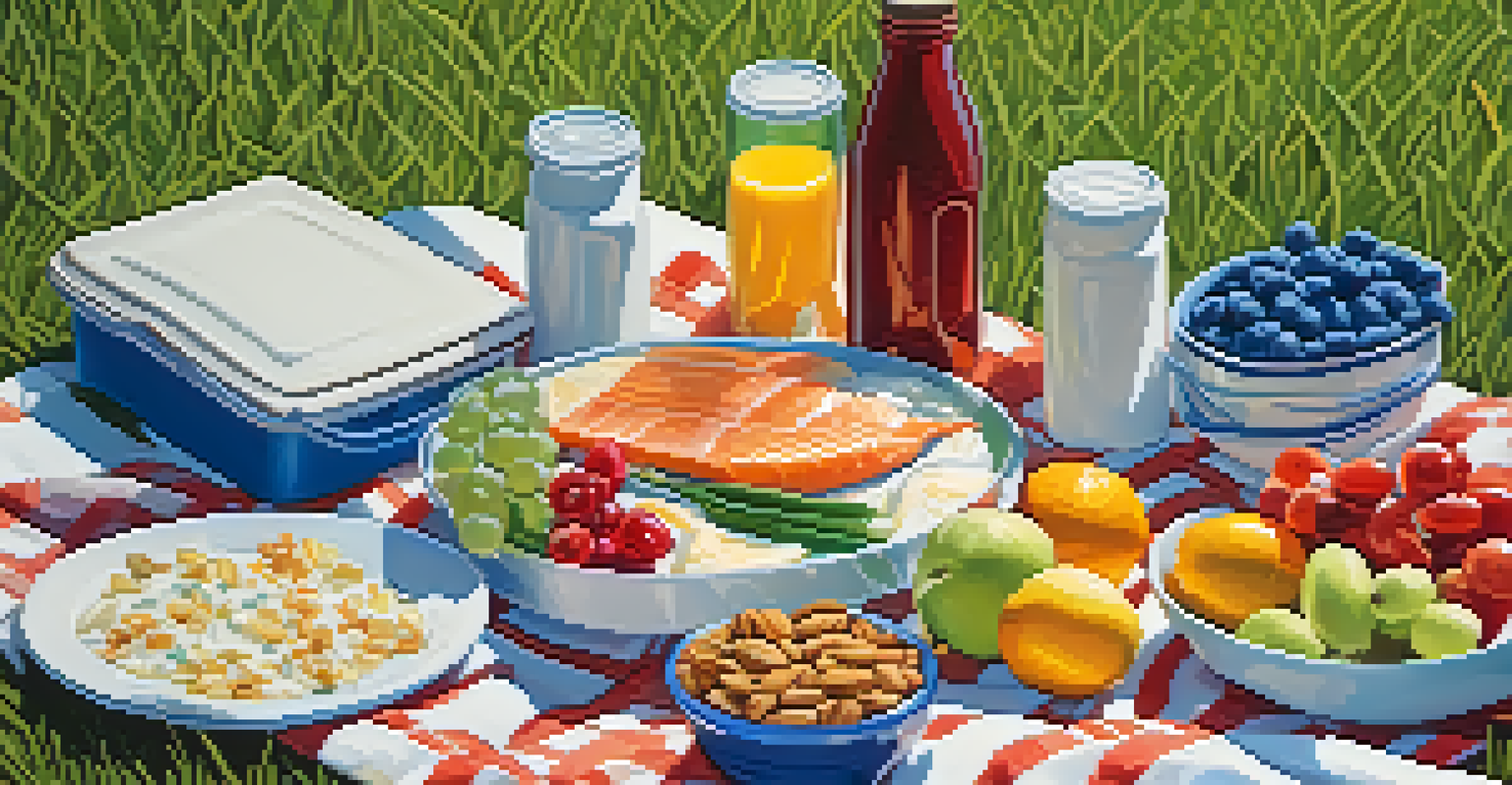 An outdoor picnic scene with colorful containers of protein sources like fish, nuts, and yogurt on a grassy field, with sunlight filtering through trees creating dappled shadows.