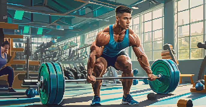 A person lifting weights in a bright gym filled with equipment and motivational posters.