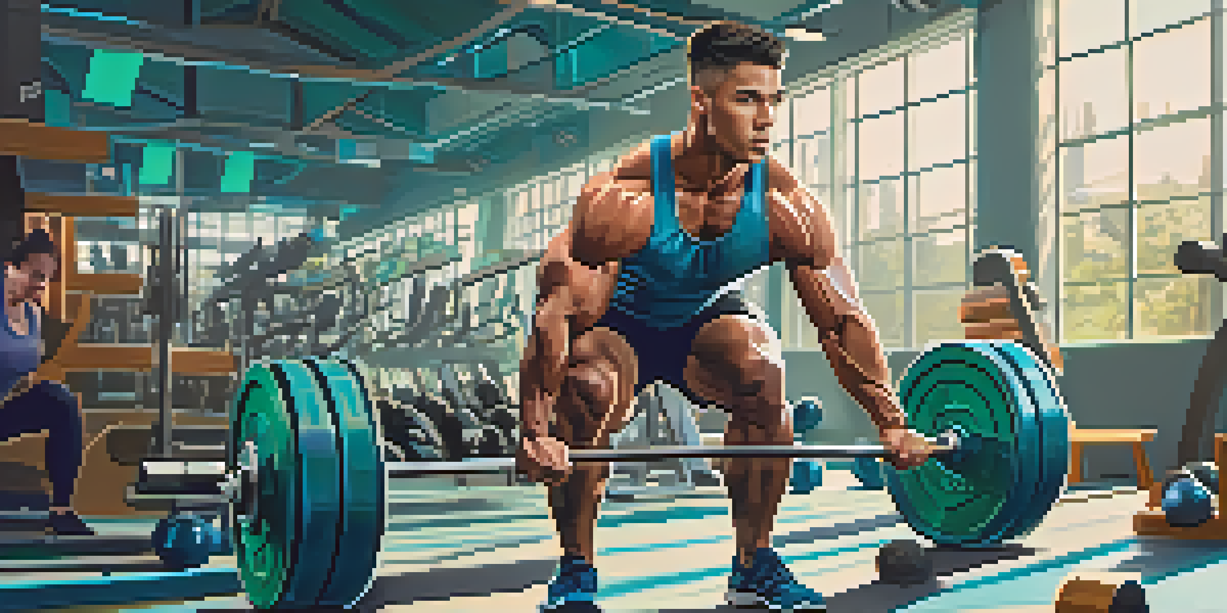 A person lifting weights in a bright gym filled with equipment and motivational posters.