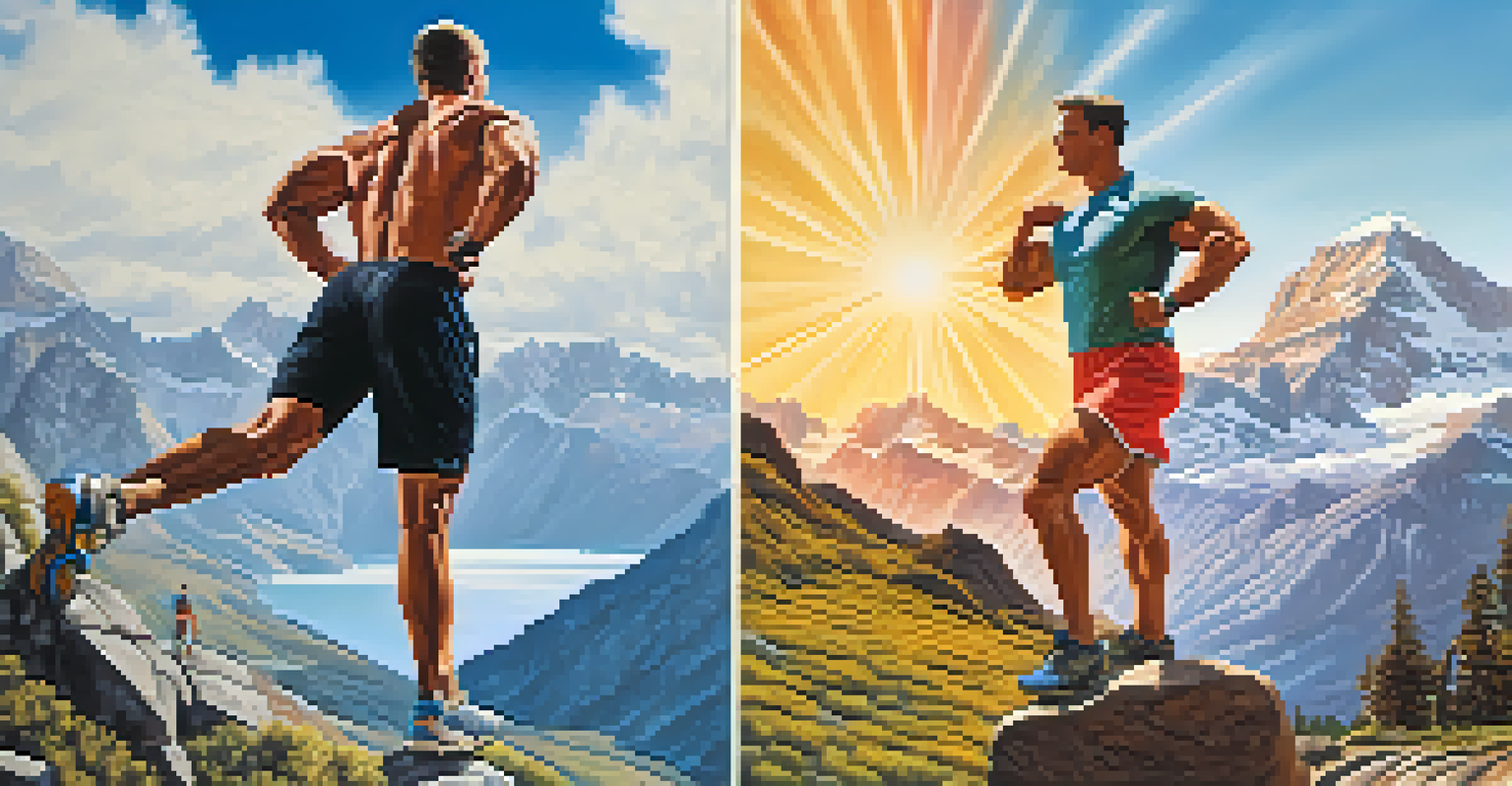 A split image of a bodybuilder lifting weights on one side and a hiker in a mountain landscape on the other.