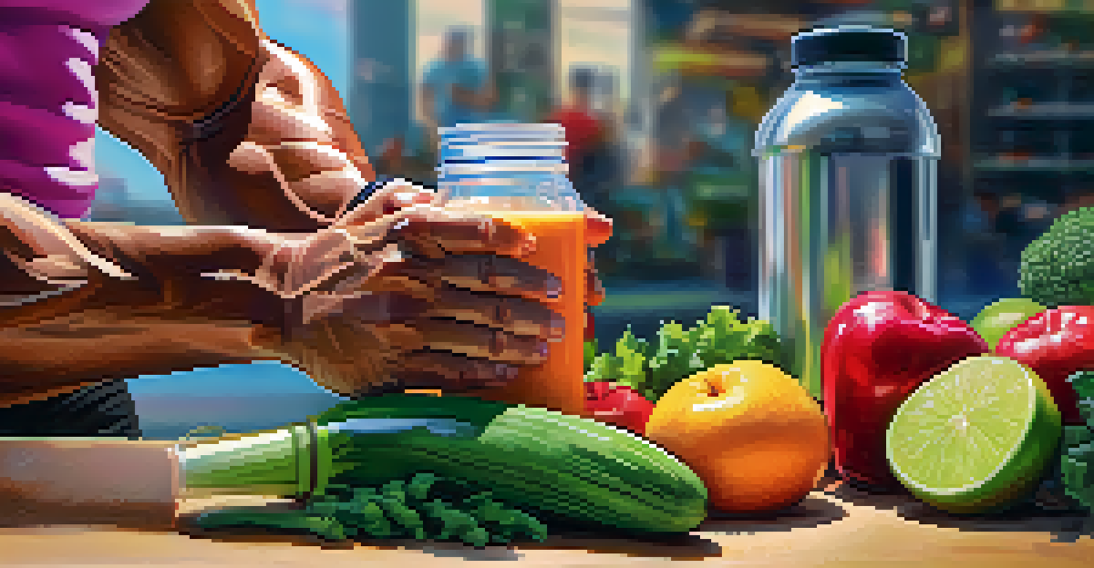 A close-up of a hand gripping a protein shake bottle, surrounded by fresh fruits and vegetables.