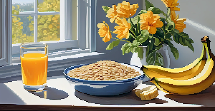 A breakfast table with oatmeal, bananas, nuts, orange juice, and whole-grain toast in a cozy kitchen setting.