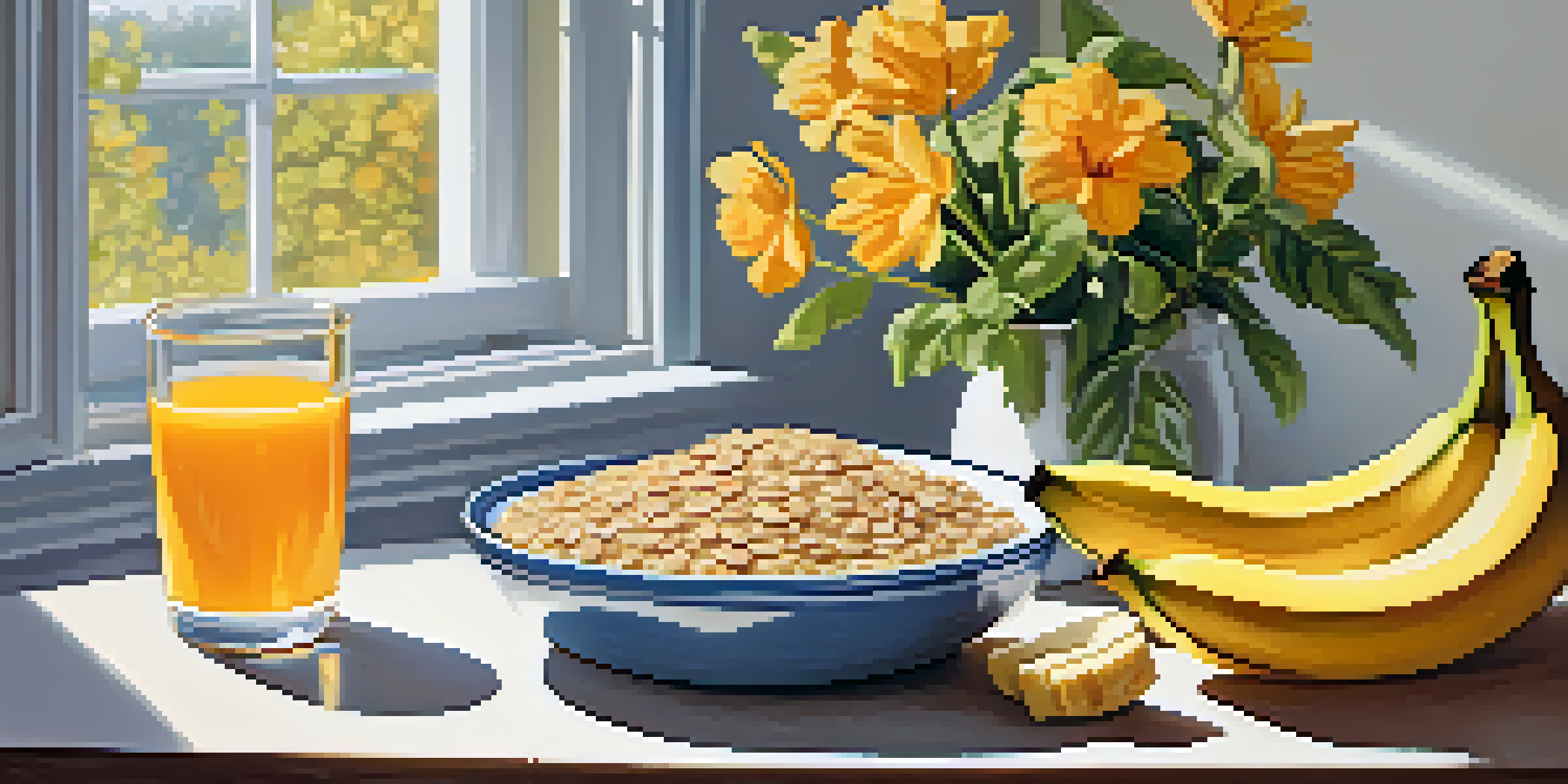 A breakfast table with oatmeal, bananas, nuts, orange juice, and whole-grain toast in a cozy kitchen setting.