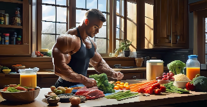 A bodybuilder preparing a healthy meal with fresh ingredients in a kitchen.