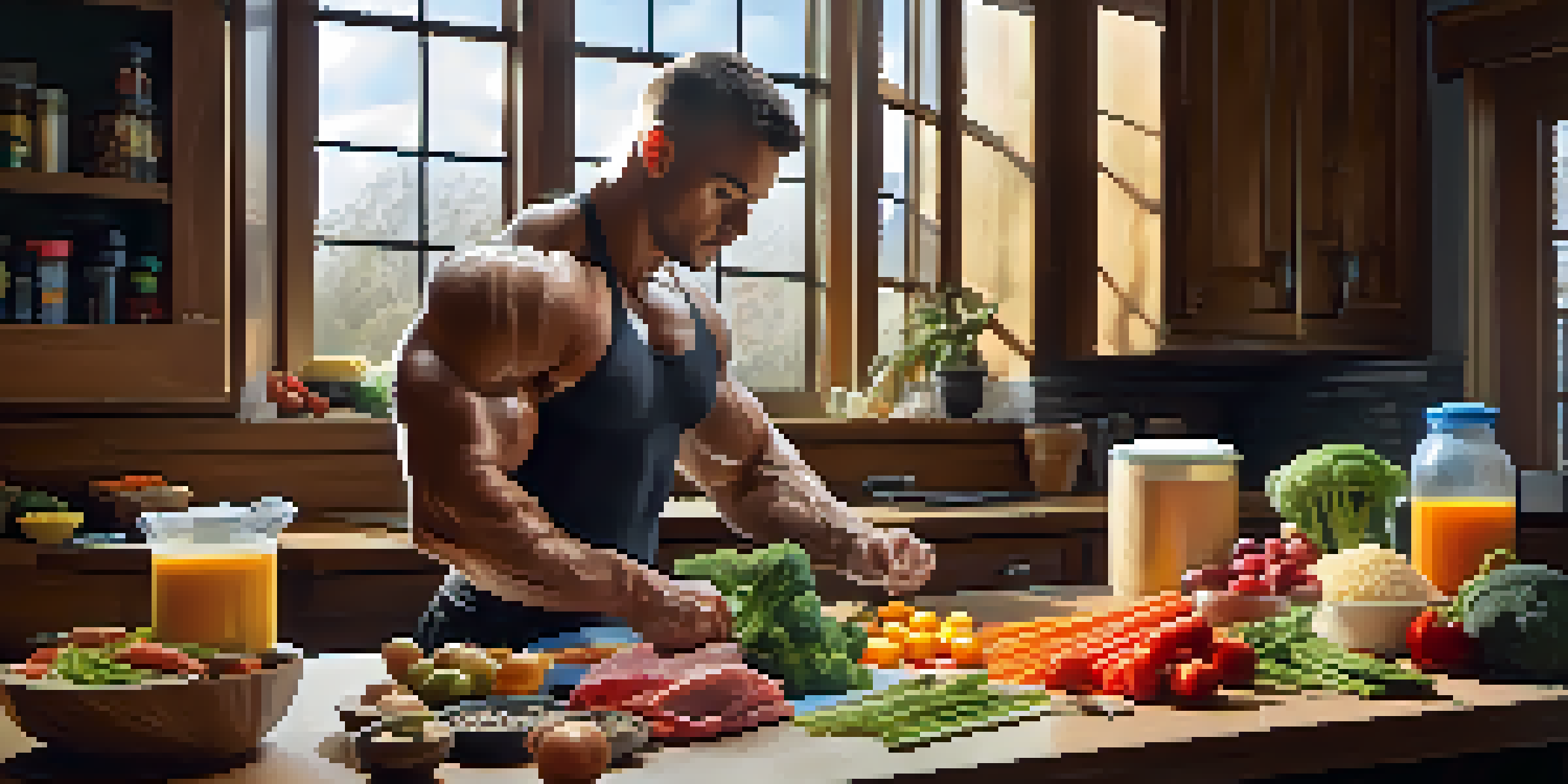 A bodybuilder preparing a healthy meal with fresh ingredients in a kitchen.