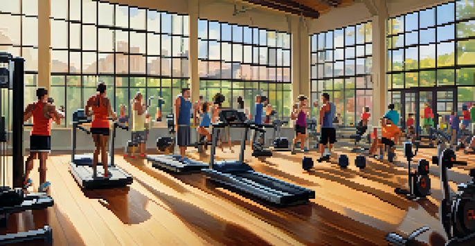 A lively gym where diverse individuals are working out together, with friends supporting each other during weightlifting.