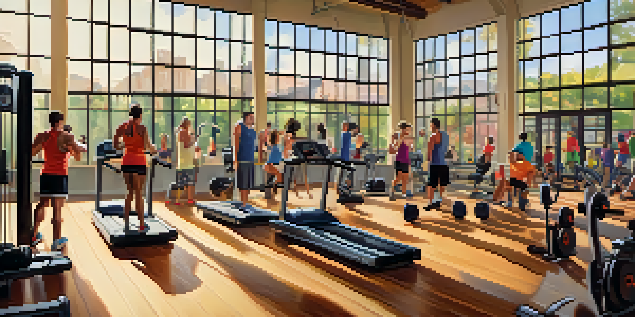 A lively gym where diverse individuals are working out together, with friends supporting each other during weightlifting.