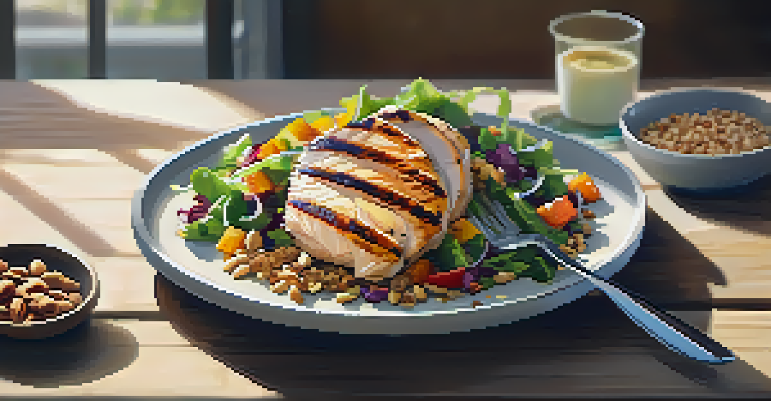A balanced meal plate with grilled chicken, quinoa, and salad on a rustic wooden table, showcasing the importance of nutrition in strength training.