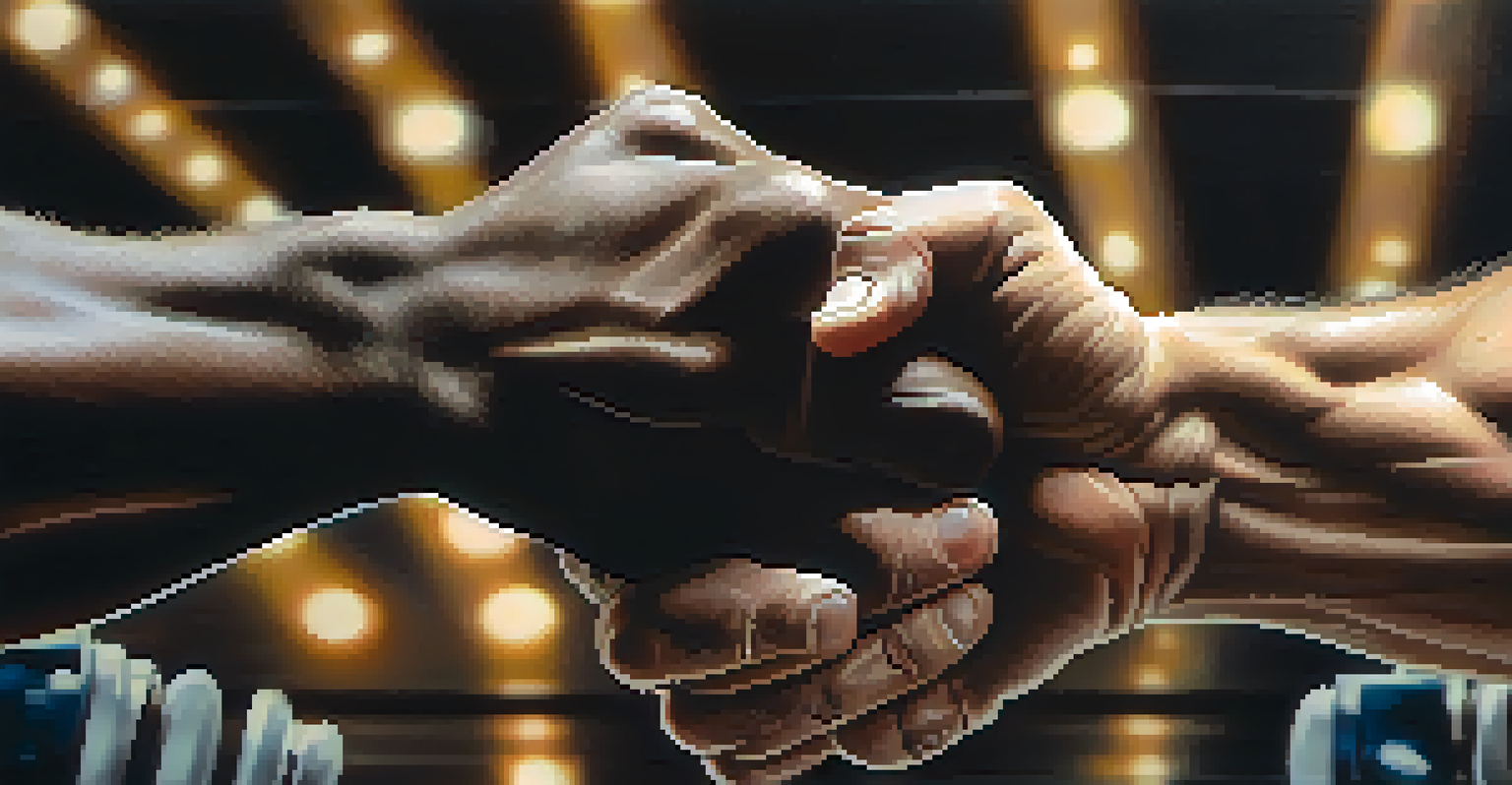 Close-up of two muscular hands fist bumping in a gym, symbolizing partnership and motivation.