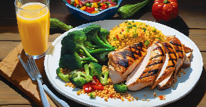 A nutritious bodybuilding meal including grilled chicken, colorful vegetables, quinoa, and a drink, displayed on a wooden table.