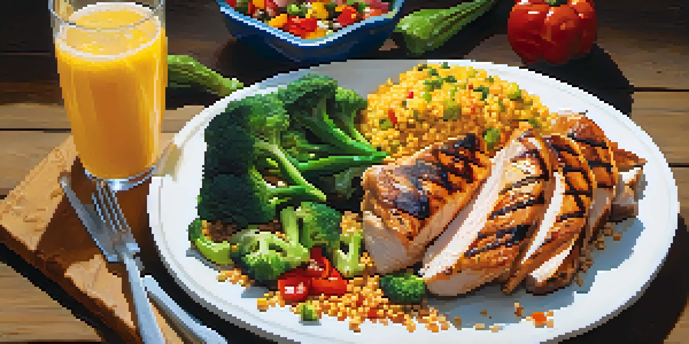 A nutritious bodybuilding meal including grilled chicken, colorful vegetables, quinoa, and a drink, displayed on a wooden table.