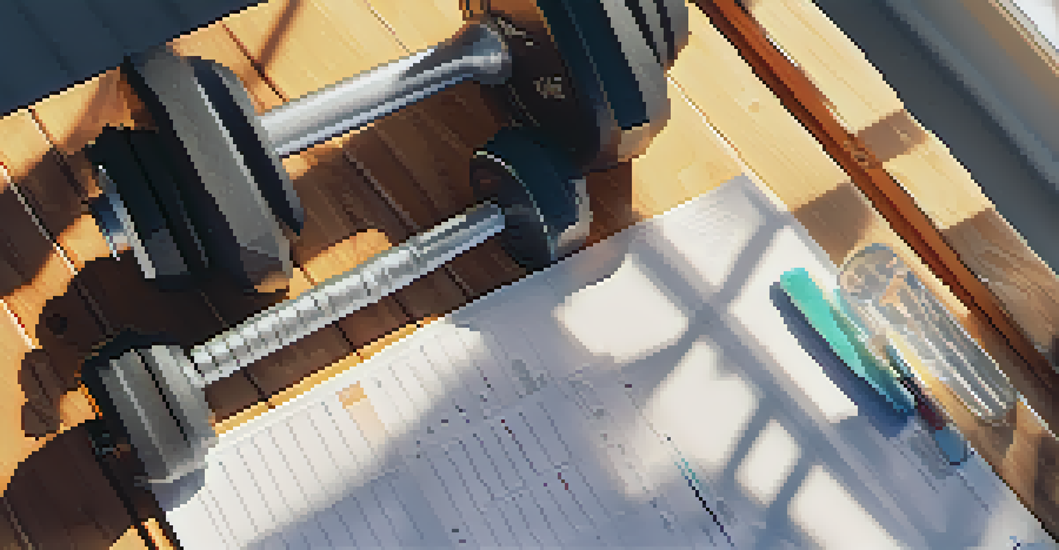 An overhead view of a gym workout log on a bench, with weights, a water bottle, and a towel, illuminated by warm sunlight.