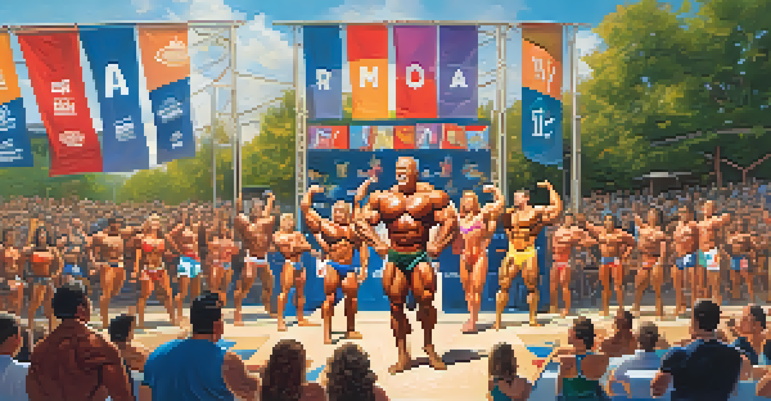 Contestants posing on stage at an outdoor bodybuilding competition in front of a cheering crowd.