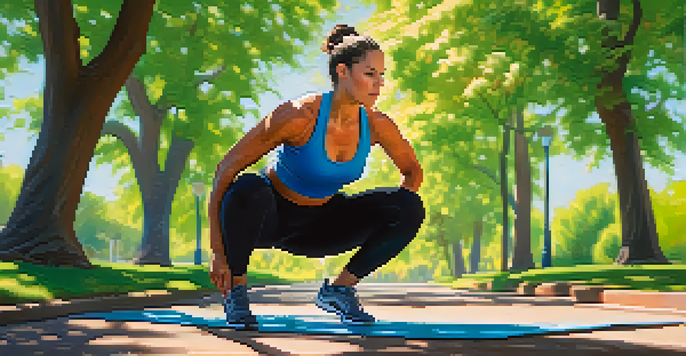 A person doing a squat exercise in a park under the sun, demonstrating strength and energy.