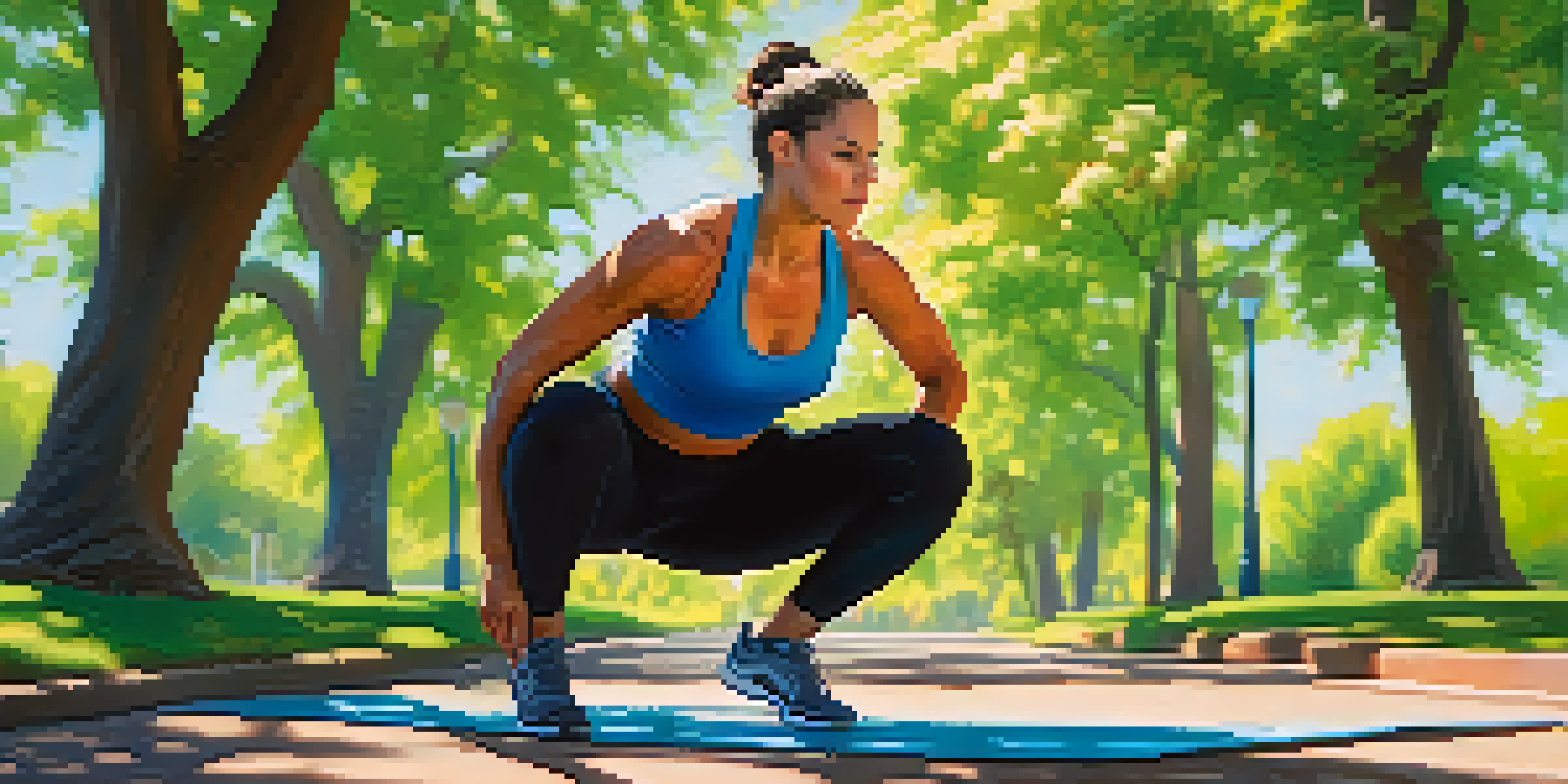 A person doing a squat exercise in a park under the sun, demonstrating strength and energy.