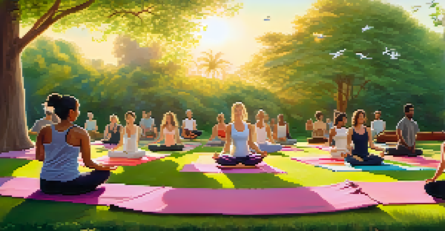 A group of people practicing yoga in a park at sunrise, surrounded by greenery and colorful mats.