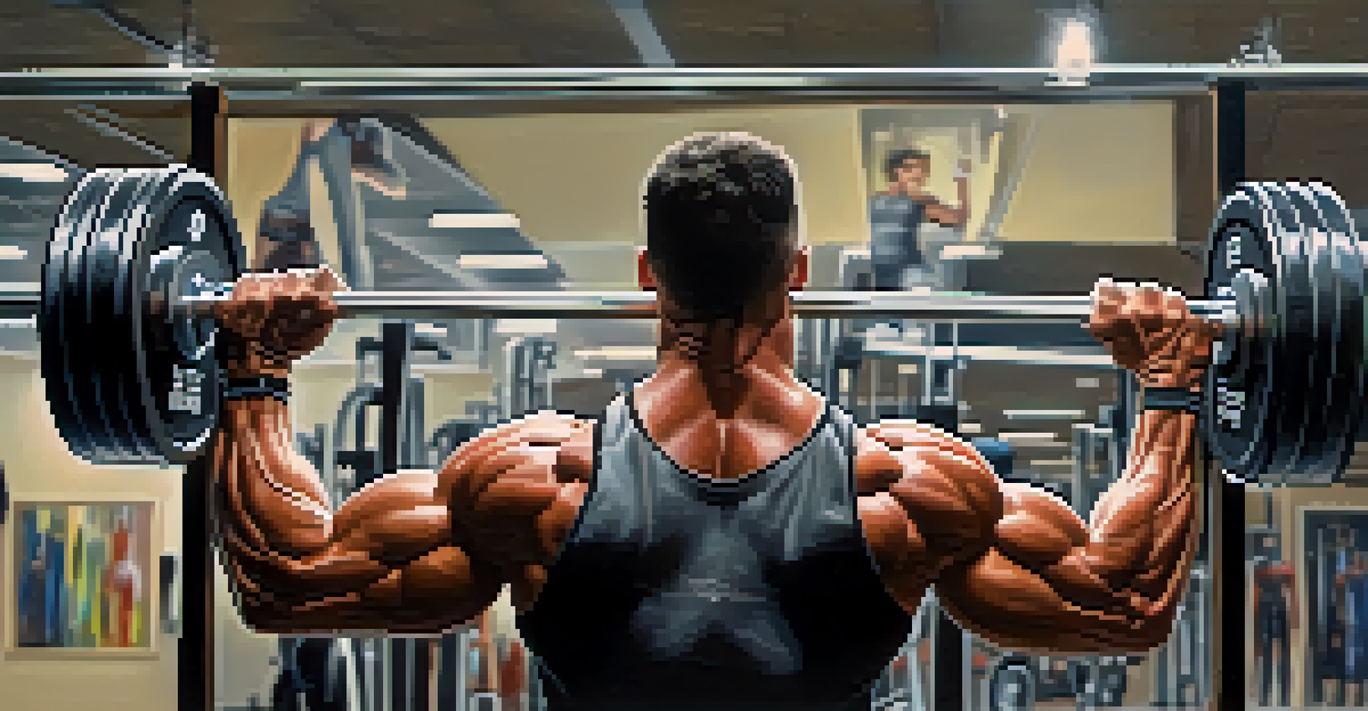 A bodybuilder intensely visualizing lifting weights, with a ghostly image of weights above them, set against a blurred background highlighting their focus and determination.