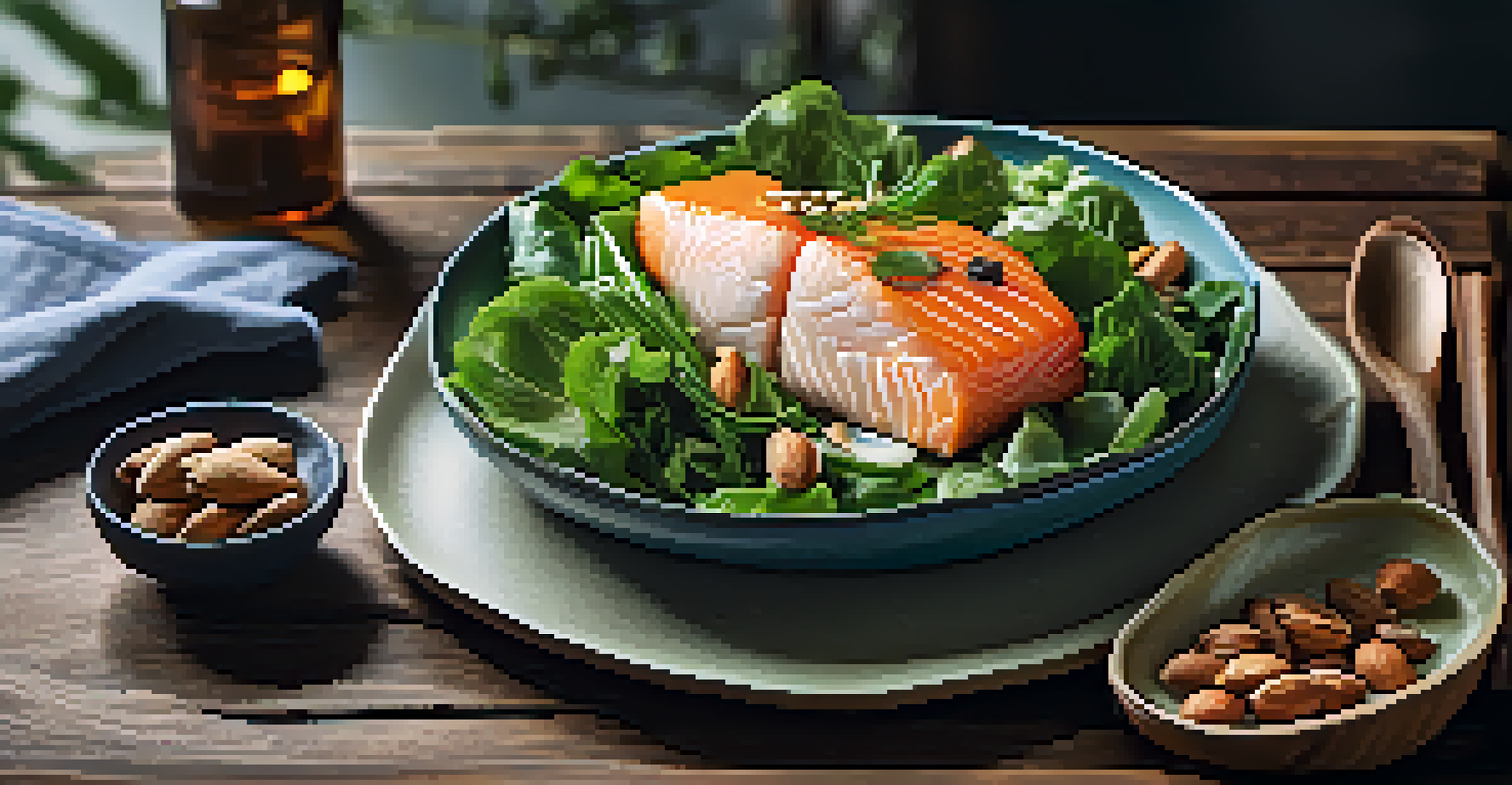 A close-up of a colorful plate filled with leafy greens, grilled fish, and mixed nuts on a rustic wooden table.