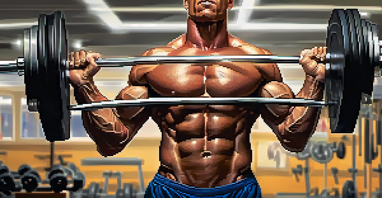 A muscular bodybuilder lifting weights in a gym, displaying determination.