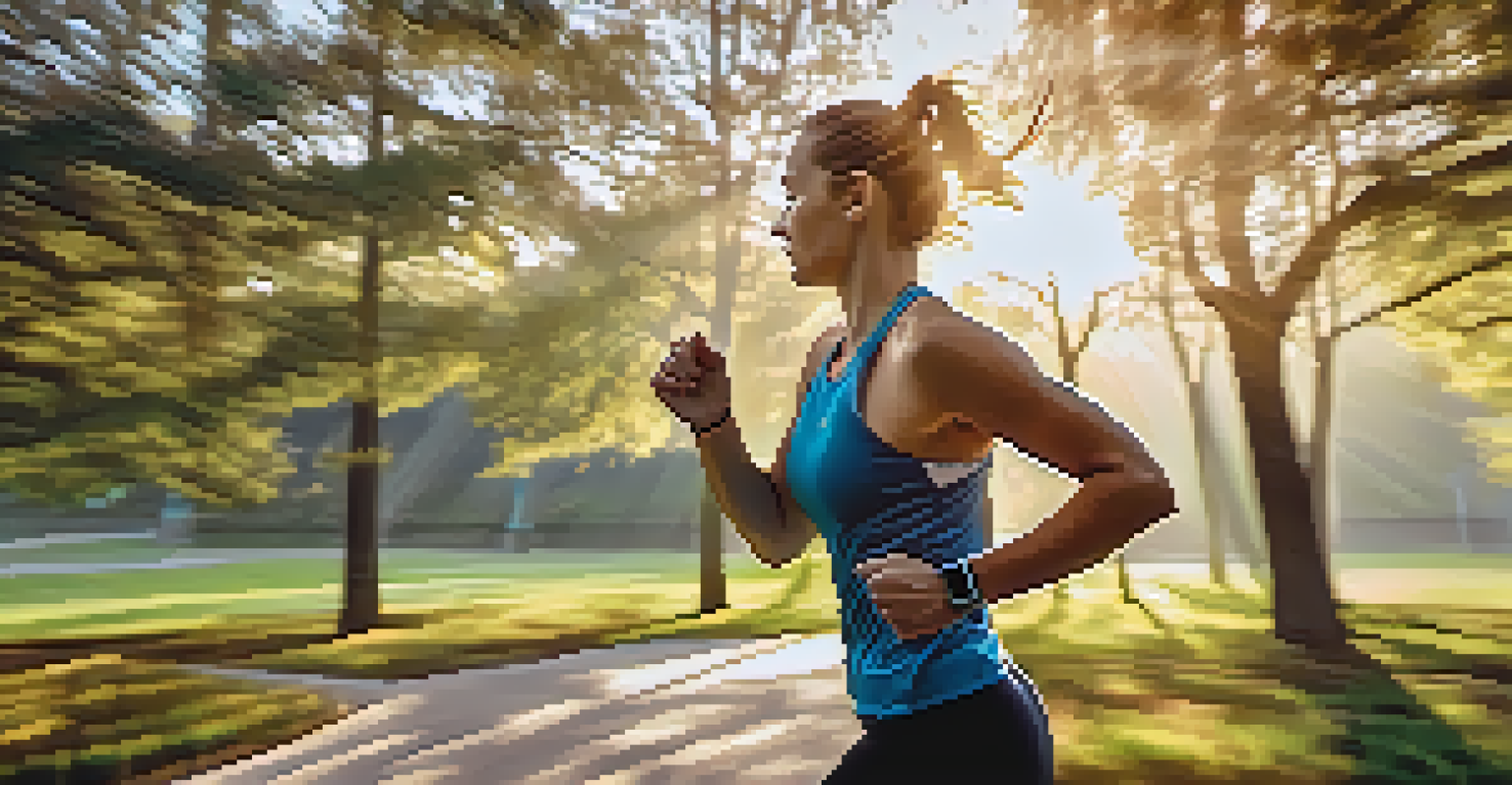An athlete wearing a smartwatch that shows real-time workout statistics, set against a scenic outdoor running path.