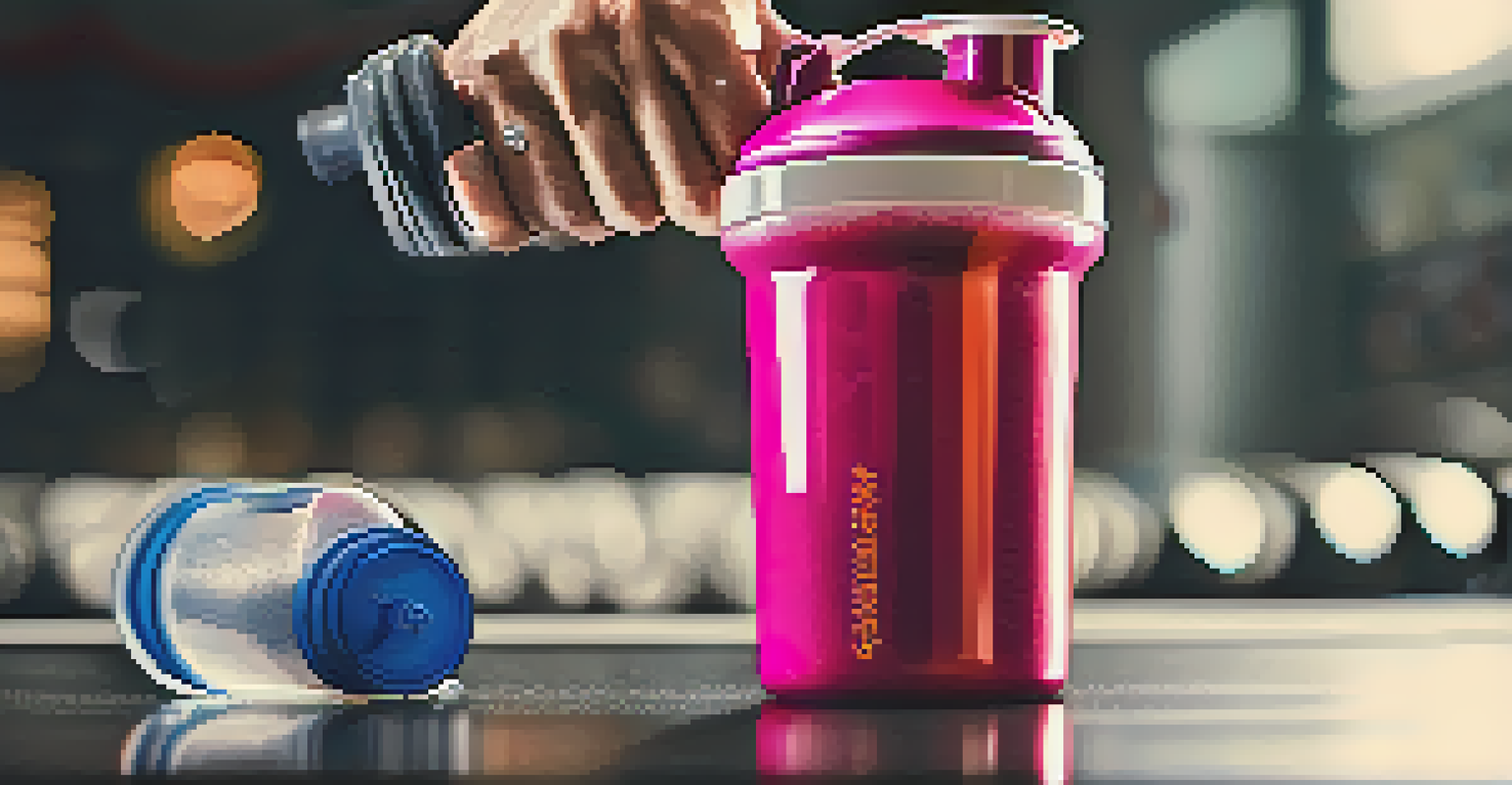 A close-up of a bodybuilder mixing a protein shake in a shaker bottle in a gym setting.