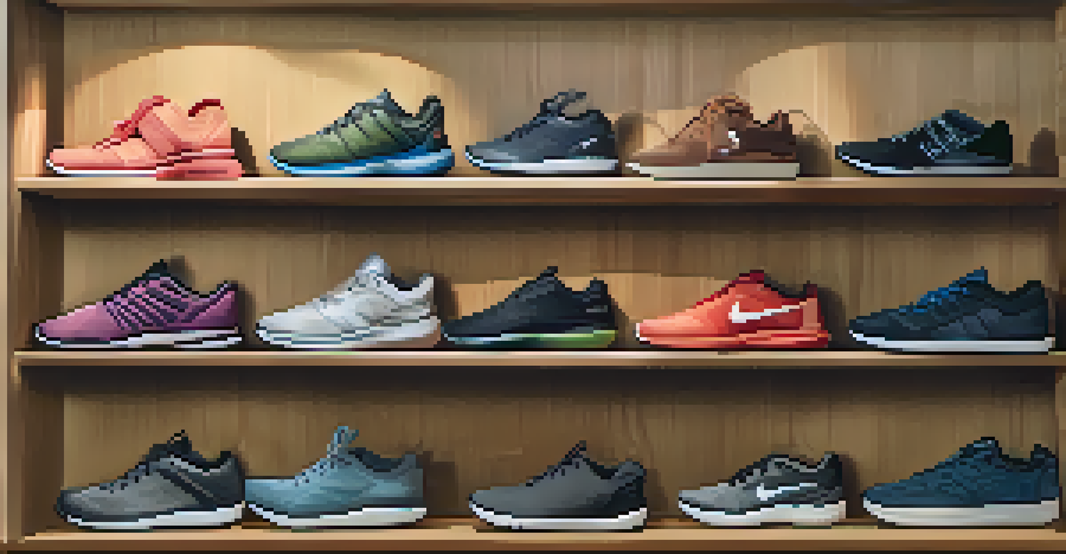 Display of different types of workout shoes on a wooden shelf, with labels and warm lighting enhancing the inviting atmosphere.