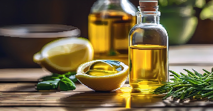 A bottle of fish oil supplements on a wooden table with fresh herbs and lemon slices, illuminated by soft sunlight.