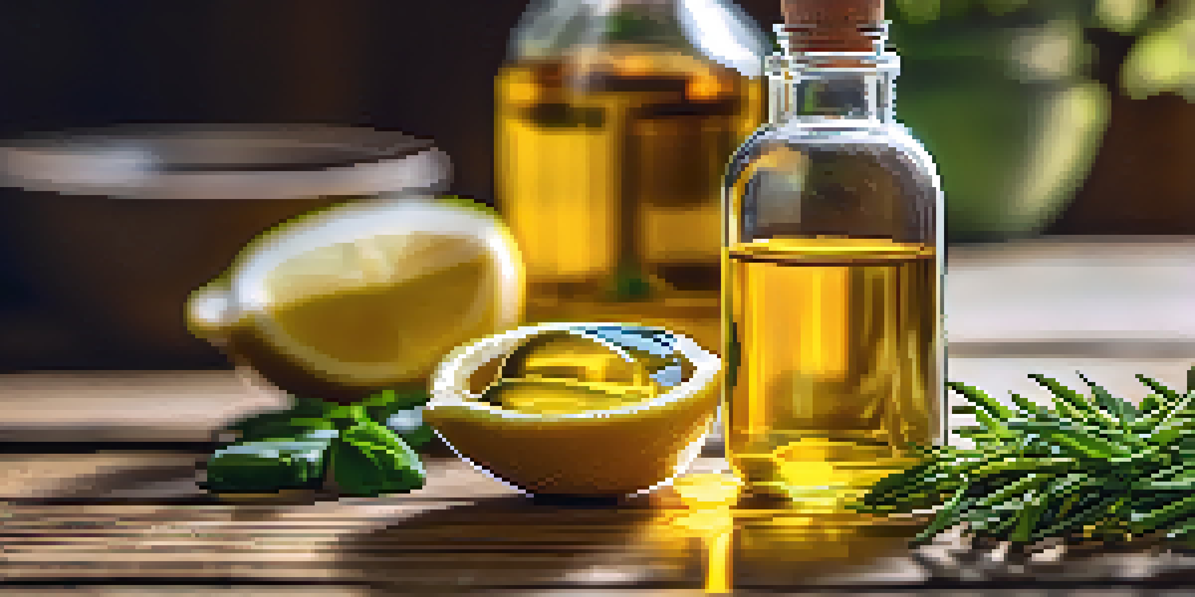 A bottle of fish oil supplements on a wooden table with fresh herbs and lemon slices, illuminated by soft sunlight.